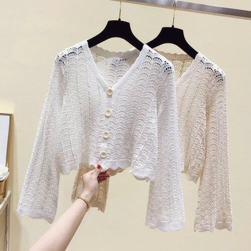 Lace Hollow Out Cardigan For Women Smmer New Design 2021 Flare Sleeved Solid Short Loose Elegant Female Outwear Shirts Tops