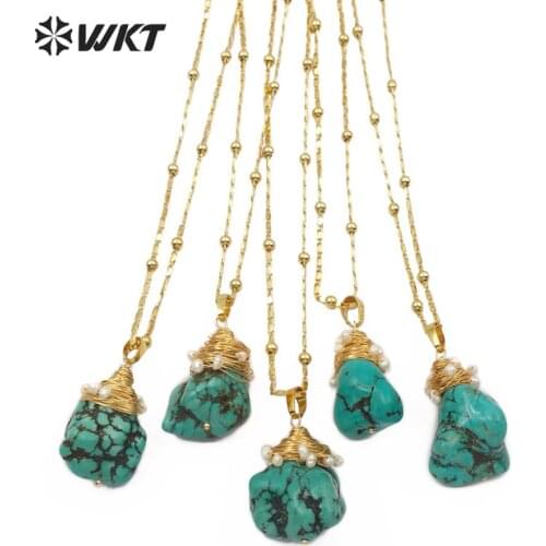 WT-N1153 WKT Natural Turqupises Pendant Raw Howlite Stone With Brass Wire Warpped Women Fashion Necklace