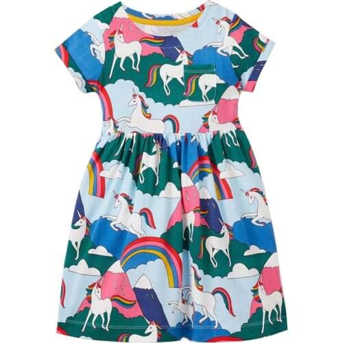 Unicorn Summer Girls Dress 100% Cotton Clothing Casual Children Dresses For Kids 2-8 Year New In 2021 Short-sleeved Clothes