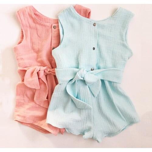 Cute Solid Sleeveless Buttons Up Belted Romper Jumpsuit For Baby Girl
