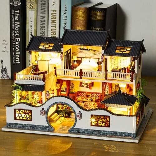 DIY Miniatures Wooden Dollhouse Kits Furniture with Accessories Chinese Villa Doll House Casa Assembled Toys for Adults Gifts