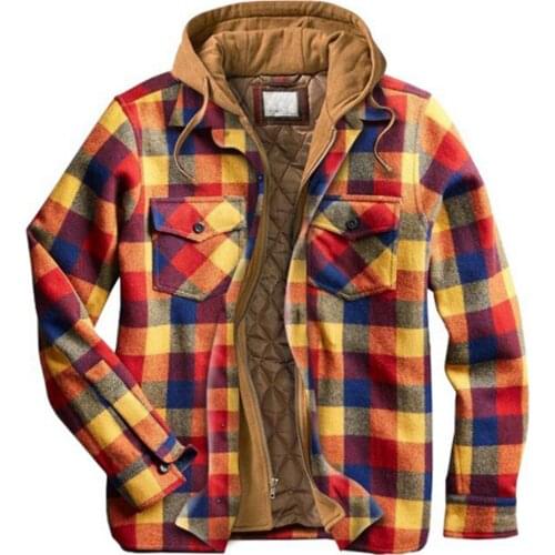 Mens Clothing European American Autumn and Winter Coat Men Thick Cotton Plaid Long-sleeved Loose Hooded Jacket Coat Warm