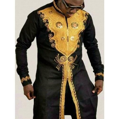 Men Shirt Slim Stand Collar Color Block Long Sleeve Print Mid-Length T-shirt For Male Colthing Young Fashion Muslim African Tee