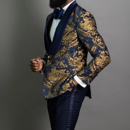 Costume Homme Marriage Navy Blue Floral Jacquard Men Suit Slim Fit 3 Pcs Tuxedo Prom Wedding Suits Groom Blazer Terno Masculino