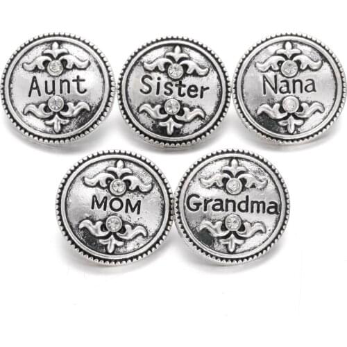 6pcs/lot New Family Snap Jewelry Lot Vintage Metal Rhinestone Mom Sister Aunt 18mm Snap Buttons Fit Leather Snap Bracelet