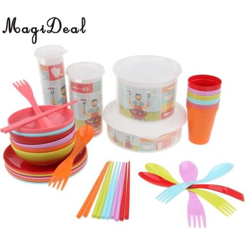 34 Pieces Plastic Camping Tableware Set Bowls Cups Plates Chopsticks Sporks Picnic BBQ Party