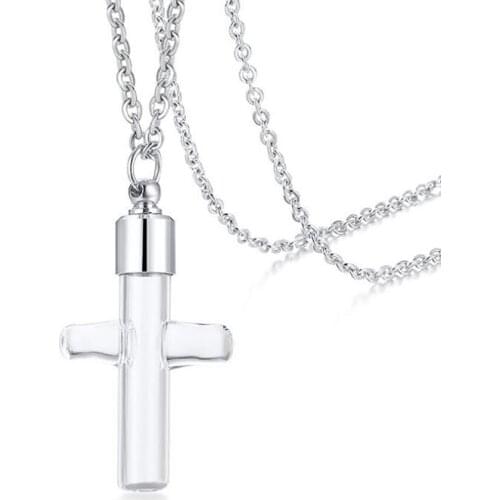 Stainless Steel Transparent Glass Cross Men Cremation Urn Pendant Necklace Jewelry Ash Gift For Him with Chain