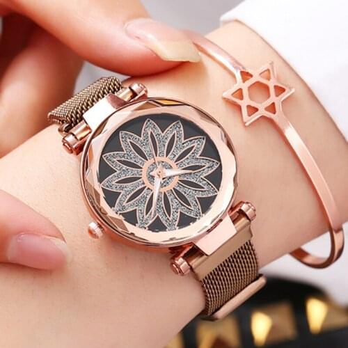 New 2020 Fantasy Women Watches Flowers Luxury Rose Gold Mesh Band Quartz Magnet Watches Women Lucky Gifts Dropship Cheap Price