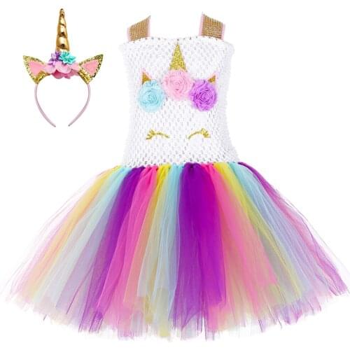 Girls Unicorn Tutu Dress Princess Flower Girl Birthday Party Gown Tulle Kids Dresses for Girls Halloween Unicorn Costume Clothes