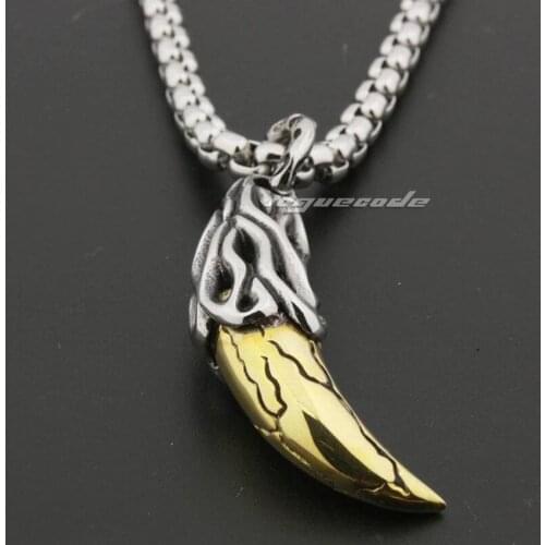 Warrior Tusk Fang 316L Stainless Stee Brass Claw Pendant Mens Biker Rock Punk Style 6R006 Steel Necklace 24 inches