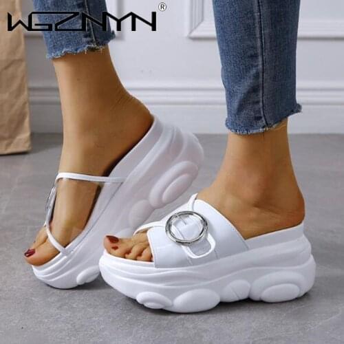 New Summer Women Slippers 2021 Platform High Heel Shoes 8CM Wedge Sandals Non-slip Ladies Leather Flip Flops Summer Beach Shoes