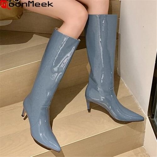 MoonMeek Genuine leather boots stiletto high heels pointed toe ladies shoes winter solid color knee high boots black white blue