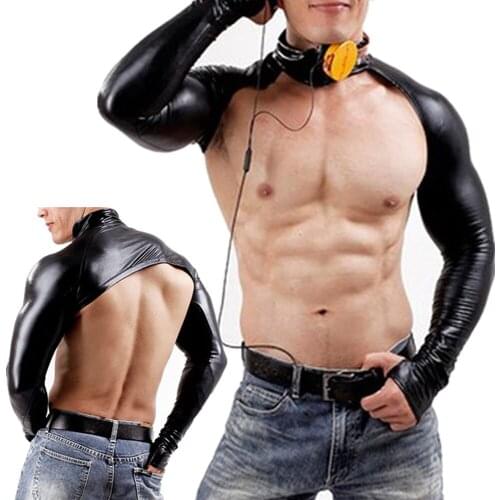 Sexy Mens Body Chest Harness PU Leather Wetlook Arm Sleeves Shrug Long Sleeve Crop Tops Party Club Shoulder Strap Exotic Tanks