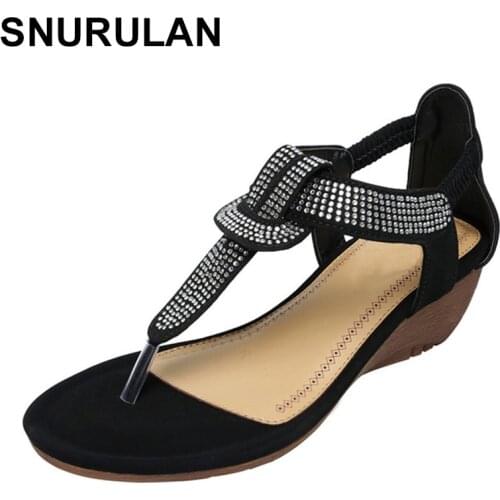 SNURULAN Womens sandals; round bohemian elasticated ankle sandals with round toe wedges; Roman beach sandals new summer style