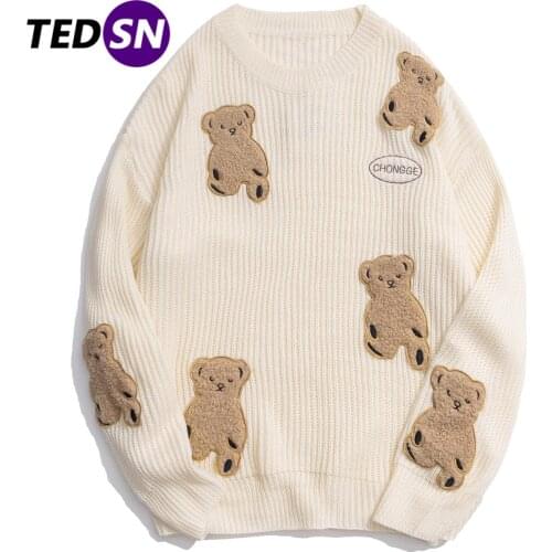 Patch Bear Print Cartoon Knitted Sweaters Harajuku Sweater Pullover Men 2020 Winter Retro Oversized Unisex Couple Streetwear