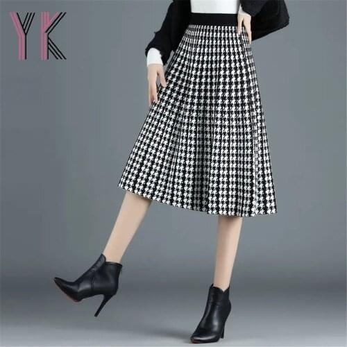 Houndstooth Plaid Elastic High Waist Pleated Knitting Skirt Autumn Winter Elegant Thicken Mom Midi Sukienka Streetwear 2021 Saia