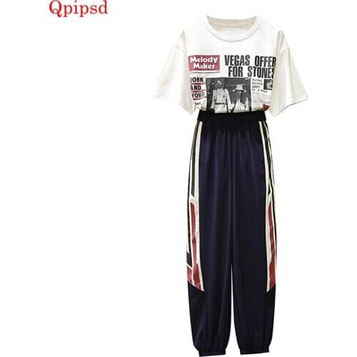 Summer Retro Printed Sporting Set Womens Large Size Casual Sporting Two Piece Set Female Short Sleeve T-shirts + Pants Suit Set