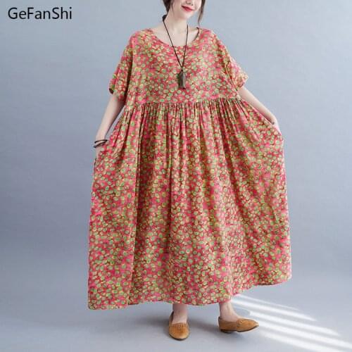 2021 New Cotton Linen Summer Women Dress Loose Print Casual Short Sleeve Dress Fashion Elegant Long Dresses Robe Large Size