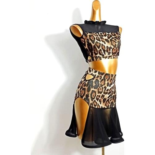 2020 Latin Dance Dress Women DL504 Leopard Tops and Skirt Performance Costume Dancing Cloth Belly Chacha Ballroom Dresses