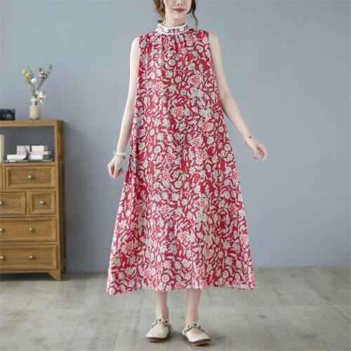 Summer New Retro Fashion Printed Loose Dress Ladies Embroidered Stand Collar Temperament Sleeveless Midi Vestidos aq1086