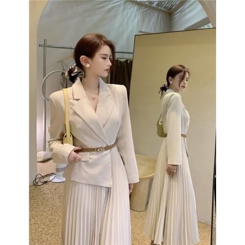 Temperament Autumn Single Button Slim Apricot Long Sleeve Notched Pleated Dress Women Belt Vestidos Mujer Patchwork Korean