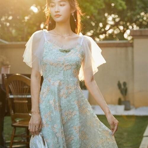 Summer Floral Dress Casual Slim Fit Embroidered Lace Korean Sweet Dress Women 2021 New Women Elegant Vintage Retro Fairy Dress