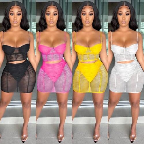 Women Sexy Mesh Patchwork 2 Piece Set Dress Woman Spaghetti Strap Crop Top And Mini Skirt Suits Club Party Solid Outfits