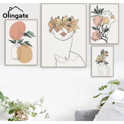 Abstract Figure Face Plants Wall Art Nordic Flower Woman LINE Poster Picture One Piece Canvas Home Decor for Living Drawing Room