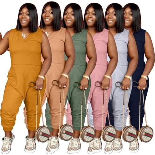 One Piece Outfit Womens New Fashion V Collar Solid Color Pocket Loose Plus Size Casual Jumpsuit Summer Wholesale Dropshipping