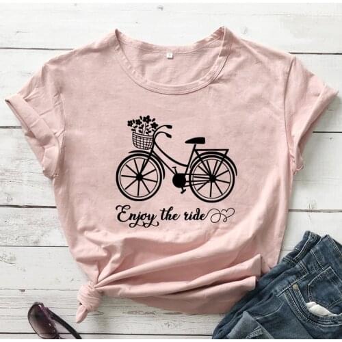 Enjoy The Ride T-shirt Cute Womens Biking Tshirt Camiseta Aesthetic Summer Short Sleeve Graphic Flower Bicycle Tee Shirt Top
