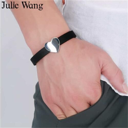 Julie Wang Fashion Bracelets Heart Punk Wristband Black Rubber Silicone Stainless Steel Men Bangles Patry Casual Gifts