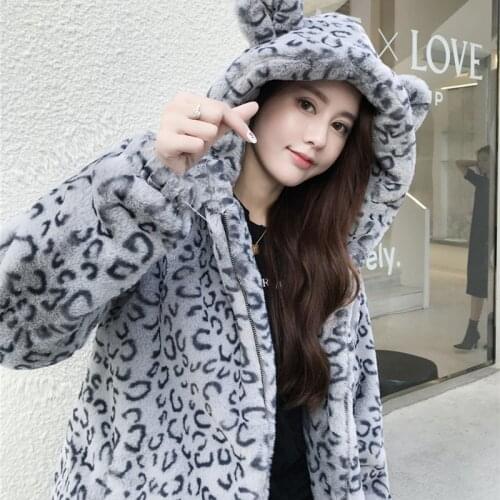 Korean Fashion Winter Thick Warm Gray Leopard Hooded Faux Fur Coat Women Long Overcoat Plus size Loose Plush Fur Jacket Female