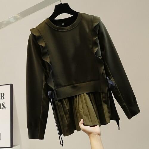 Korean Style Fashion Ruffles Pleated Sweat Shirt Women Grey Hoody Long Sleeve Color Patch Hoodie Students Street Pullovers Top