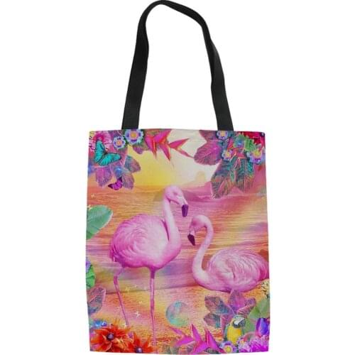 HaoYun Fashion Womens Linen Bags Flower Flamingos Prints Pattern Shopping Bag Girls Handbag Cotton Ladys Cool Canvas Bags
