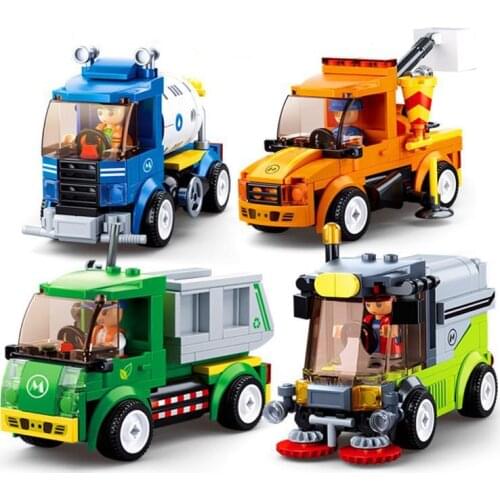 Sluban 0781 Municipal Engineering Truck 4 Mixer Truck Clean Sprinkler Maintenance Truck Garbage Truck Building Block Toy Gifts