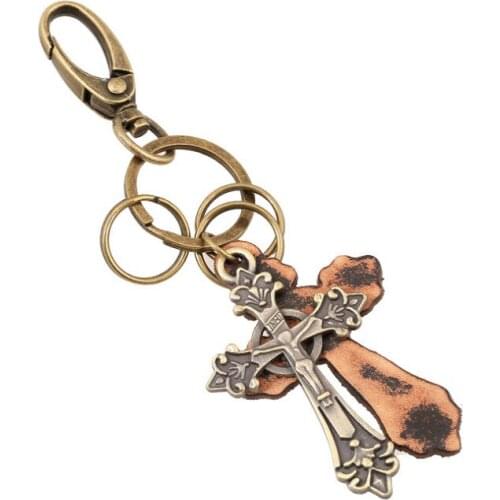 Punk Men Metal Cross Keychain Vintage Leather Jesus Key Chains Car Pendant Key Ring For Keys Charms Retro Jewelry Accessories