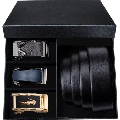 Barry.Wang 3 Pack Genuine Leather Belt for Men Automatic Ratchet Buckle Belt Solid Black Waist Strap Box Gift for Men Wholesale