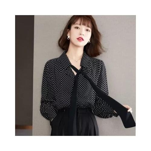 Spring polka dot shirt women blouses long-sleeved bow tie top fashion ol blusas feminina ver o 2021