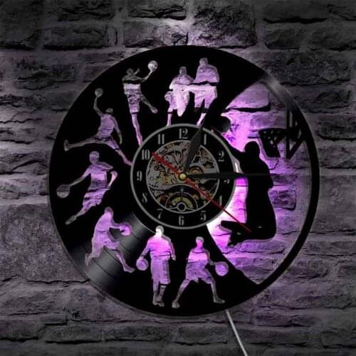 7 Different LED Lighting Change Vinyl Record Wall Clock with Decorative Boys Room Basketball Clocks Wall Watch Home Decor