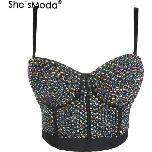 ShesModa Metal Bead Bustier Pearls Diamond Push Up Night Club Bralette Womens Bra Cropped Top Vest Plus Size