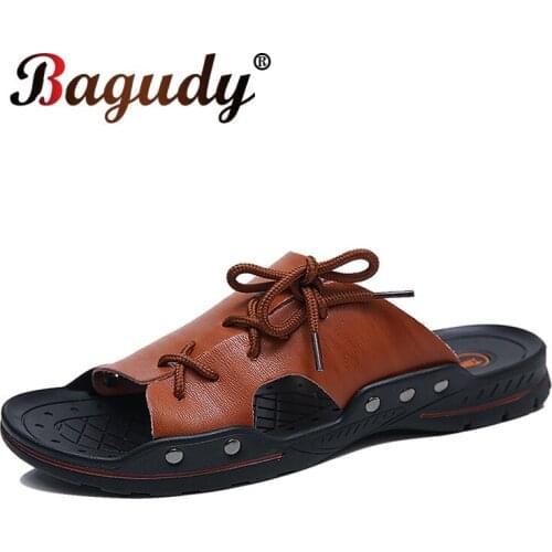 High Quality Genuine Leather Men Slippers Fashion Summer Slip On Rubber Male Sandals Casual Beach Slippers Plus size Flip Flops