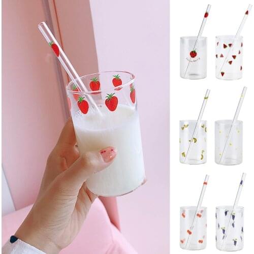 Cute Fruit Printed Glass Mug Cup Heat-resistant Milk Juice Glass Water Cup with Straw Beer Coffee Cup Whiskey Lemon Tea Mugs