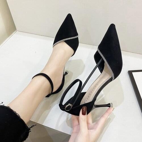 High Heels Pump Pointed Shoes Thin Heel Buckle Strap Silk Women Shoe Bling Party Ladies Ankle Strap Slip-on Pumps Women Sandals
