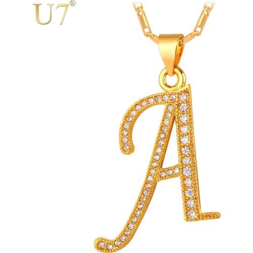 U7 Brand Alphabet A Letter Pendant Necklace Women Fashion Jewelry Gift Silver/Gold Color Cubic Zirconia Crystal Necklace P694