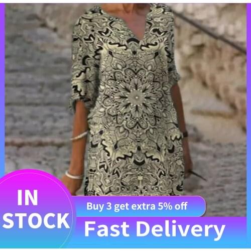 Bohemian Dresses For Womens Elegant Summer Dresses Flora Printed Plus Size Dresses V-neck Short Sleeve Beach Casual Dress