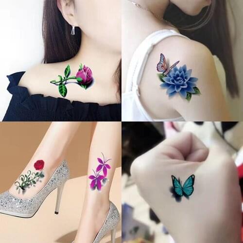 Temporary Tattoos Sticker for Women Body Art Tattoo Sticker 5D Butterfly Rose Flower Feather Tattoo Waterproof Halloween Gift