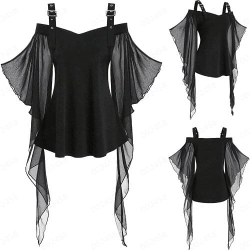 Gothic Clothes Women Halloween Witches Sling Tops Word Collar T-shirt Large Swing Sleeves Irregular Lace Stitching Chiffon Shirt