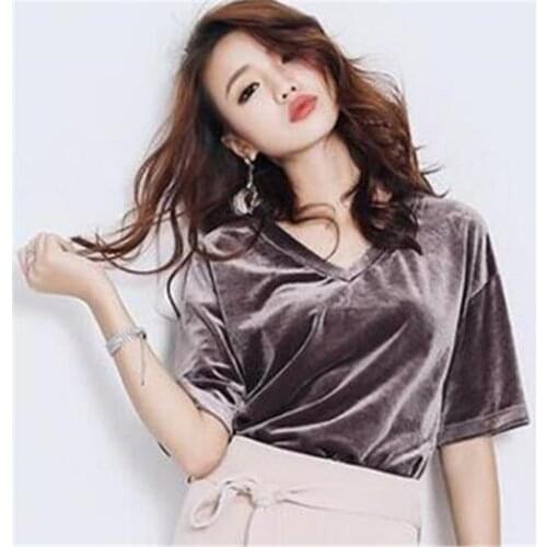2020 Summer Velour Crop Shirt Women Short Sleeve Tops Fashion Sexy V-neck Velvet Silk Loose Top T-shirt Mujer Tees Plus Size 7XL