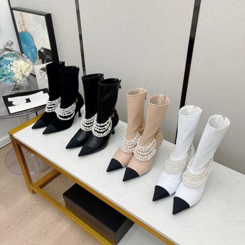2021 New Autumn Winter Women Boots Mid-Calf Boots Woman Pearl Women Shoes Elasticity Genuine Leather Zip Shoes Woman High Heels