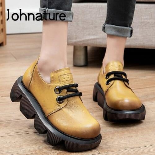 Johnature Pumps Women Shoes Spring/Autumn Genuine Leather Lace-Up Retro Leisure Round Toe Handmade Platform Heels Ladies Shoes